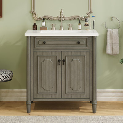 Meuble-lavabo vintage 31 po avec lavabo, armoire de salle de bain rustique avec portes à fermeture en douceur et tablette réglable, conception à profil courbé, pieds en bois d'hévéa, gris