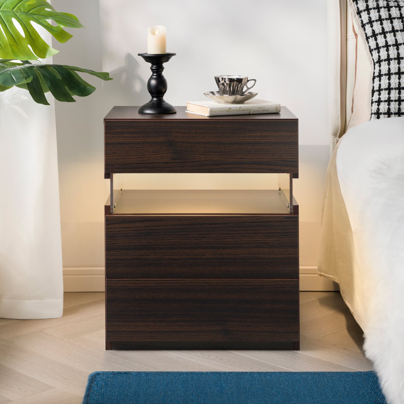 Modern LED Nightstand With 3 Drawers - Bedside Table With Soft Glow Lighting, Brown
