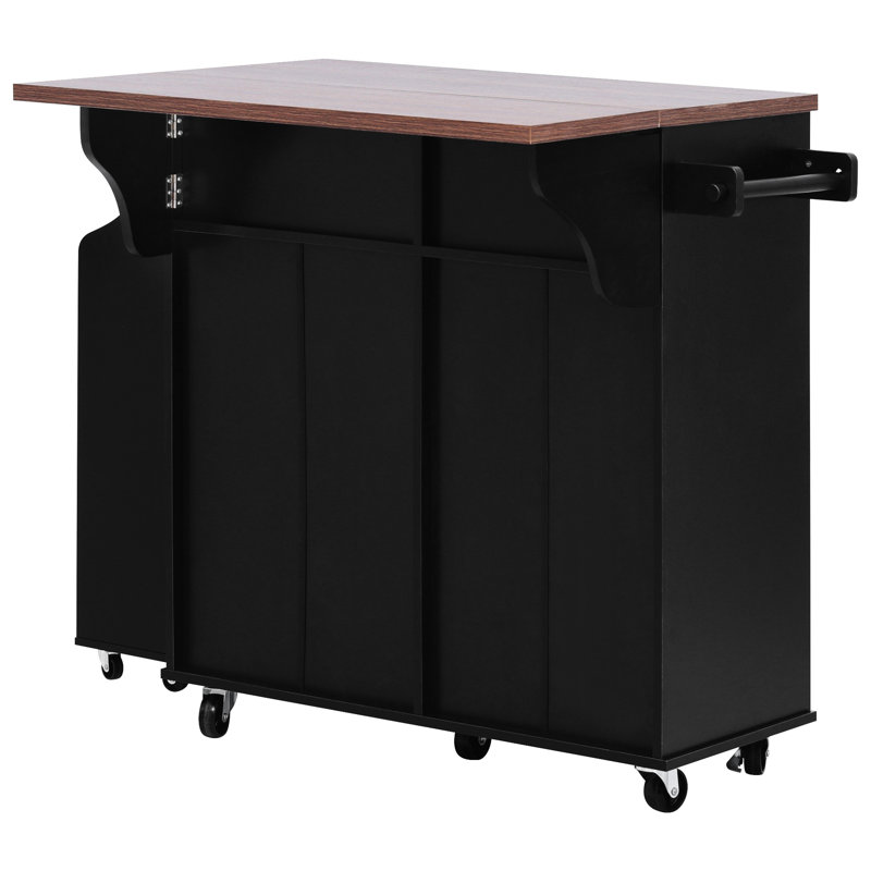 Kitchen Island, Drop Leaf, 2 Deep Drawers, Storage Cabinets, 3 Rack Shelving, Black