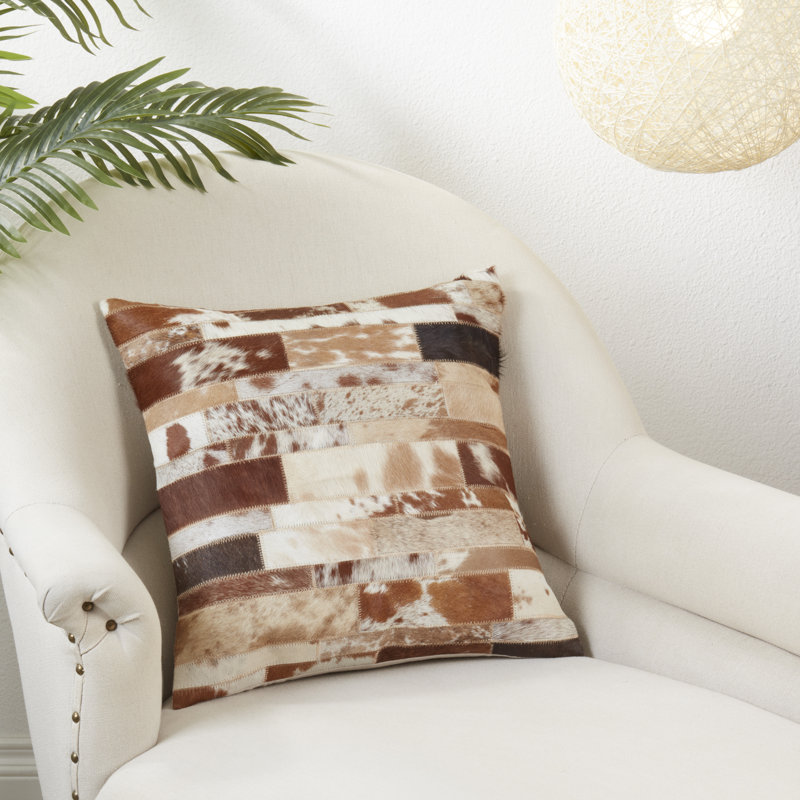 Euro Brown Leather Cowhide Patchwork Throw Pillow Cover