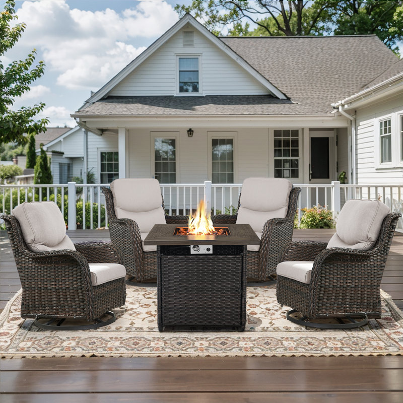 Koba 5-Piece Outdoor Conversation Set – Swivel Rocking Chairs with Fire Pit Table, Brown, Beige