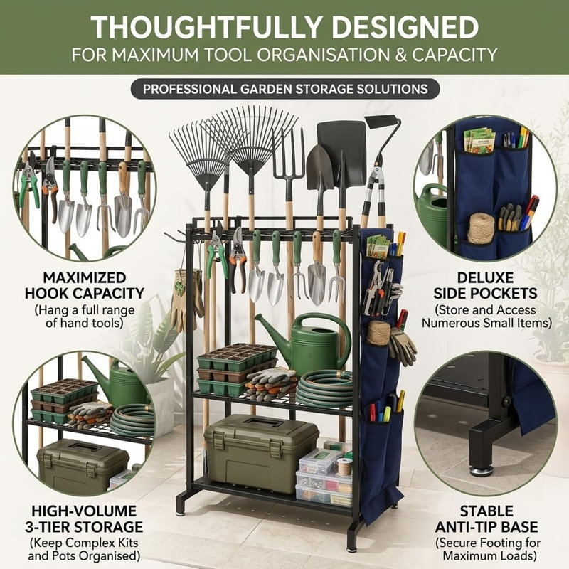 Garden Yard Tool Organizer Rack with Hooks and Side Pockets
