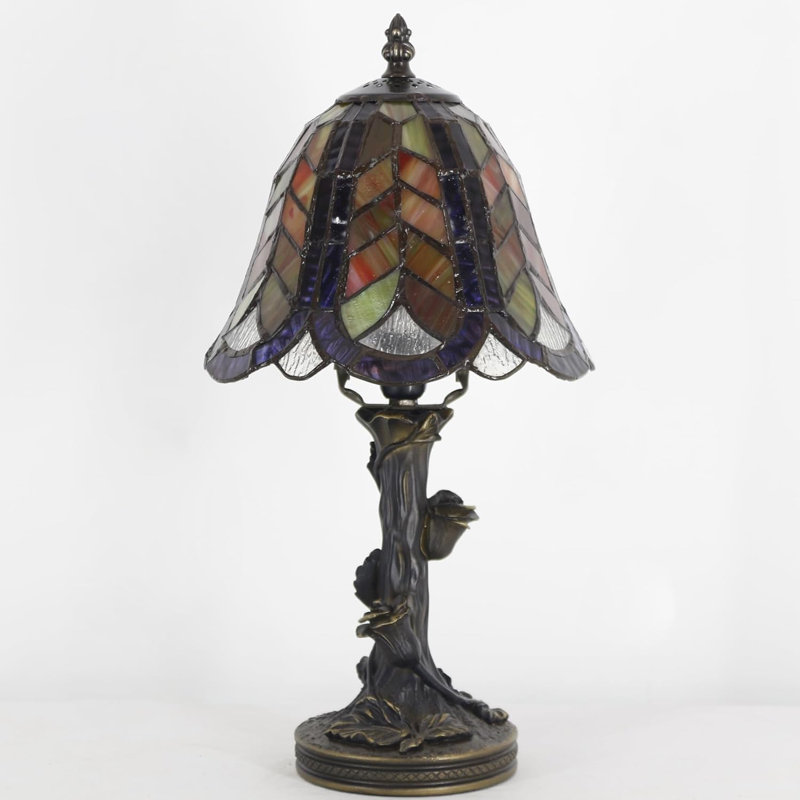 Petite petite lampe de table en verre teinté et feuille d'érable mauve 8 x 8 x 15,5 pouces avec base en résine Tiffany