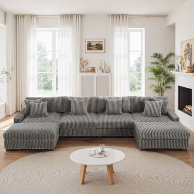 6 - Piece Upholstered Light Gray Faux Rabbit Fur Flannel Modular Sectional Sofa with Throw Pillows & Removable Ottomans