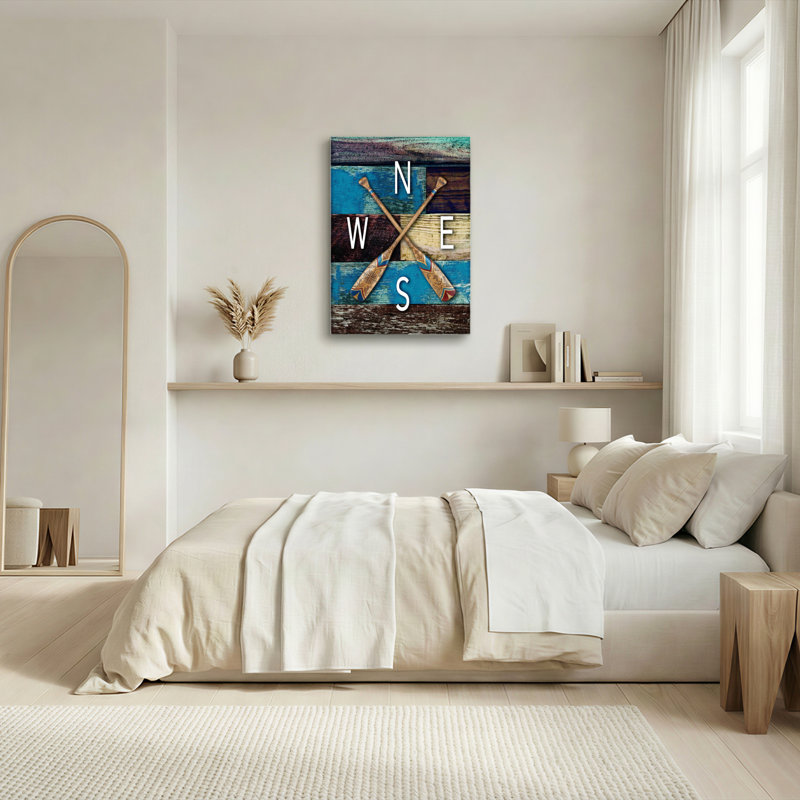 Oiseau croisé, boussole rose, toile tendue sur toile, décor nautique pour salon ou chambre à coucher, H 18 po x l 12 po