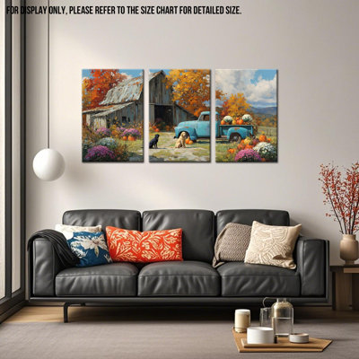 Reproduction d'art sur toile GUTTATY Fall, peinture de citrouille campagnarde d'automne rustique, photos de camion turquoise rétro, décor de campagne sereine pour salon, chambre à coucher, grande décoration murale de l'Action de grâce, 32 po x 48 po x 3 pièces
