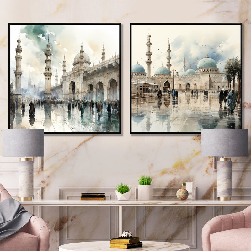 Ensemble de 2 mosquées blanches et bleues, Cadre flottant noir, H 30 po x l 61 po x P 1 po