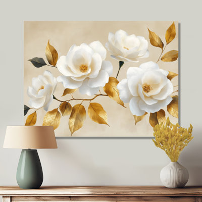 White Rose Wall Art, Gold Leaf Floral Canvas, Antico