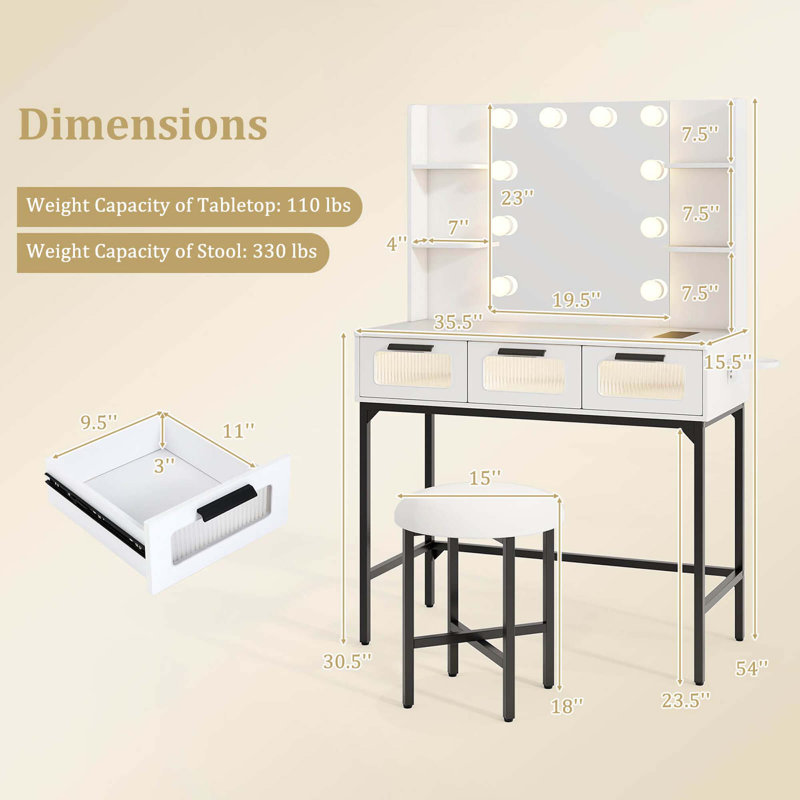 Makeup Vanity Desk With Hollywood Mirror & Lights 3-color Induction Lighting