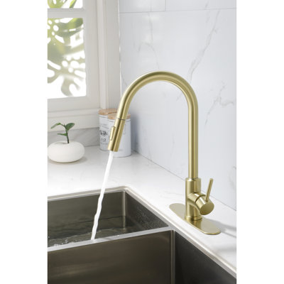 Kitchen Faucet With Pull Down - 360 Rotating High Nozzle, Single Handle For Easy Water Temperature And Flow Regulation, Corrosion Rust Finish, Golden Stainless Steel, 16.11 In. Depth, 10.16 Width,
