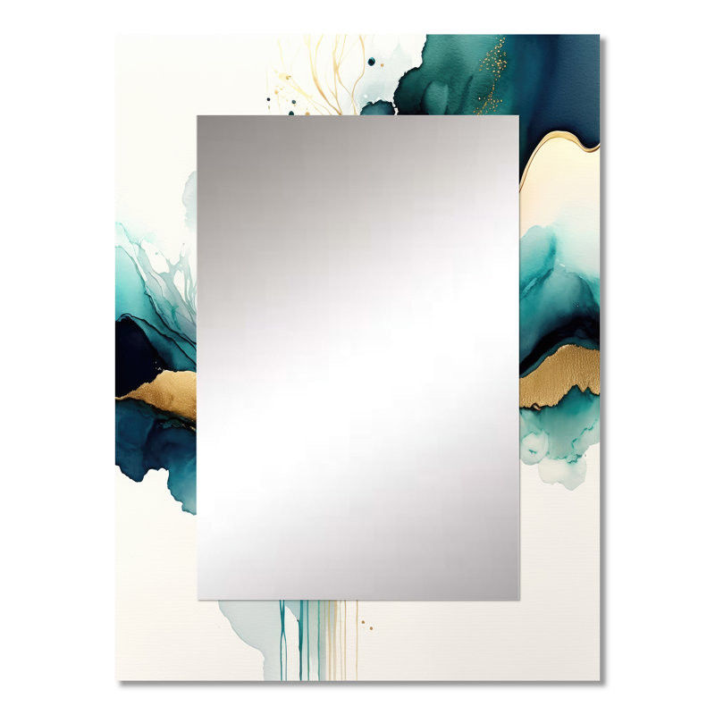 Teal And Gold Abstract Expression III - Liquid Ink Wall Mirror, Turquoise Decorative Mirror, Printed Metal Art, 32" x 24"