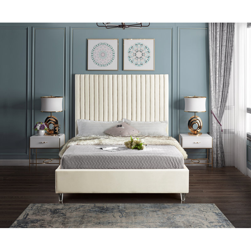 Upholstered Platform Bed, King, Cream Velvet