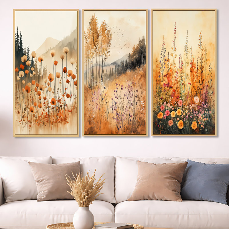 «Orange Wildflowers Meadow Horizon - Wildflowers», art mural encadré 3 pièces, H 32 po x l 48 po