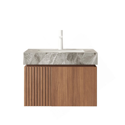 24" Bathroom Vanity&Sink, Floating Plywood Storage Cabinet With 2 Doors, Light Gray Sintered Stone Top&Ceramic Basin With 1 Pre-Drilled Faucet Hole, Pre-Assembled, Brown Oak Woodgrain