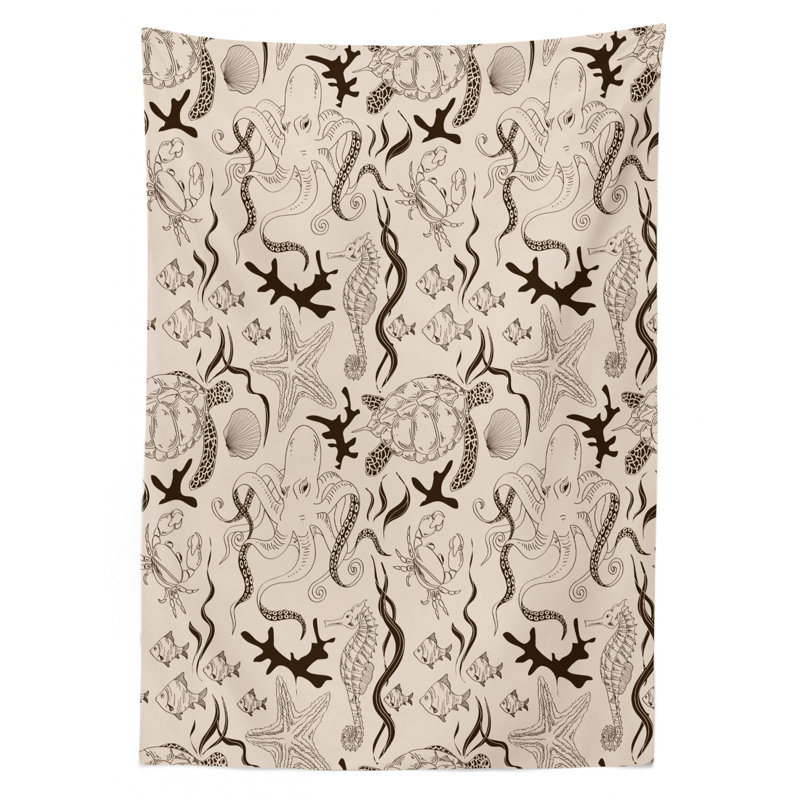 Ambesonne Beige Tablecloth, Contemporary Illustration Of Marine Animals In Retro Style Octopus Crab Seahorse Art, Rectangular Table Cover For Dining Room Kitchen Decor, 60" X 84", Beige Brown