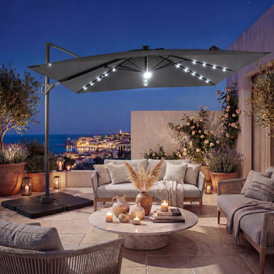 10FT Cantilever Patio Umbrella with Solar LED Lights 360° Rotation Easy Tilt 8 Ribs Gray