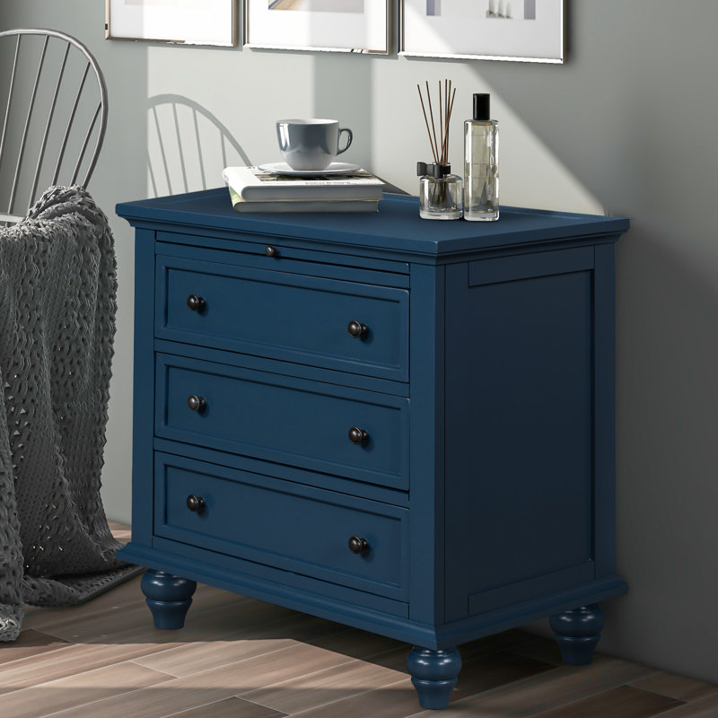 Meuble de rangement bleu à 3 compartiments, table d'appoint robuste en bois avec plateau coulissant, meuble polyvalent