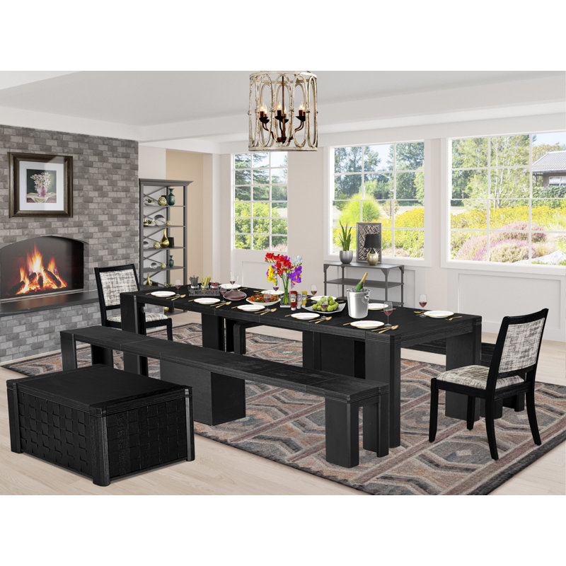 Mackenzye 6 Pieces Extendable Dining Set Includes a Rectangle Xtenczar Table, 1 Coffee Table, 2 Polyester Fabric Stackable Dining Chairs and 2 Modern Benches - (Finish Option)
