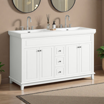 Meuble-lavabo 60 po avec lavabo double en résine, 3 tiroirs et 4 portes (2 avec tablettes à double couche), pieds en bois massif, tous à fermeture en douceur