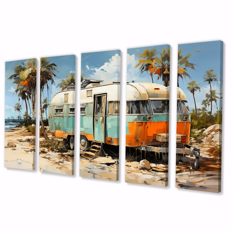 Pop Art Coastal Camping Van - Camping Travel 5 Piece Wall Art For Living Room, 28" H x 60" W