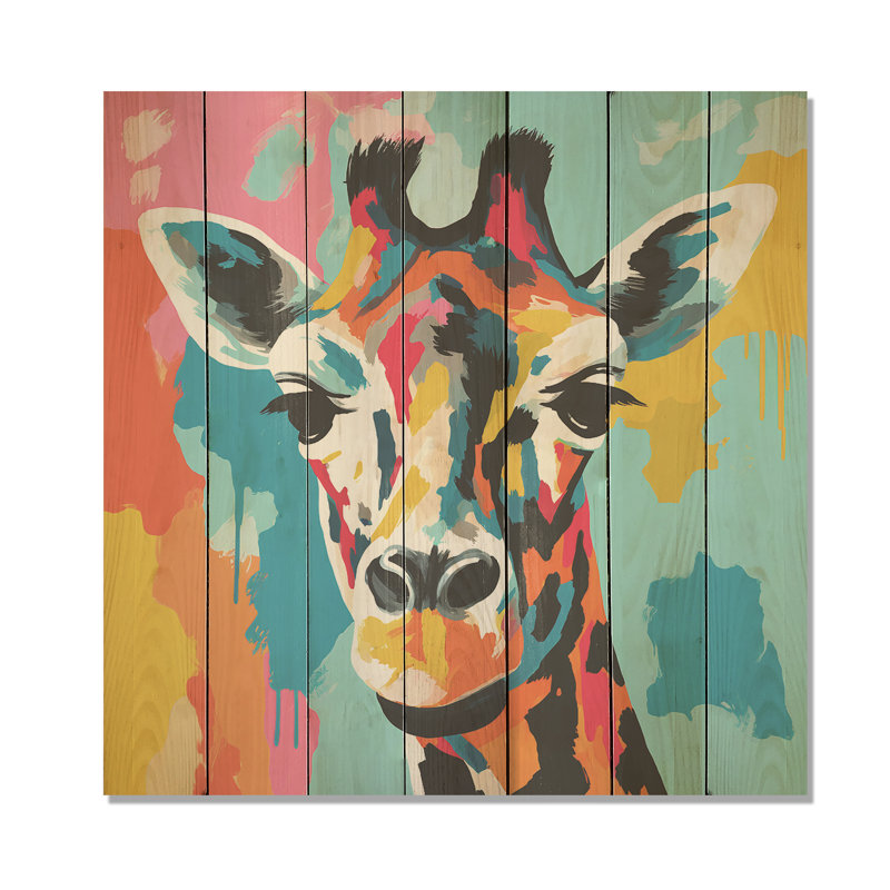 Portrait de girafe coloré et coloré III - Girafe sur bois, H 25 po x l 25 po