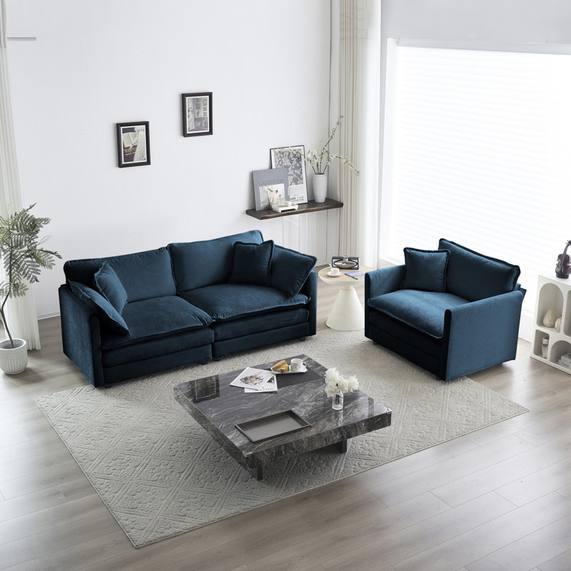 2 places et chaise en chenille bleue, matériaux de qualité, décor de salon élégant, housse en chenille, rembourrage en éponge, élégant
