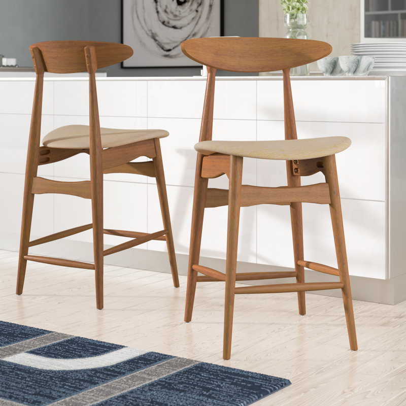 Upholstered Counter Stool, Beige Linen, Walnut