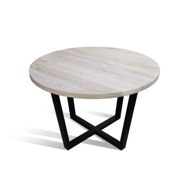 Oak Round Solid Wood Top Metal Base Dining Table