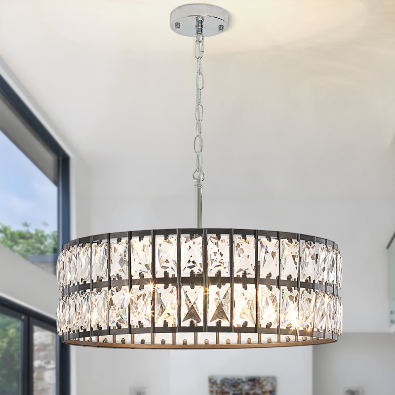 Lustre tambour en cristal 5 lumières Khyryn, Chromé / noir mat