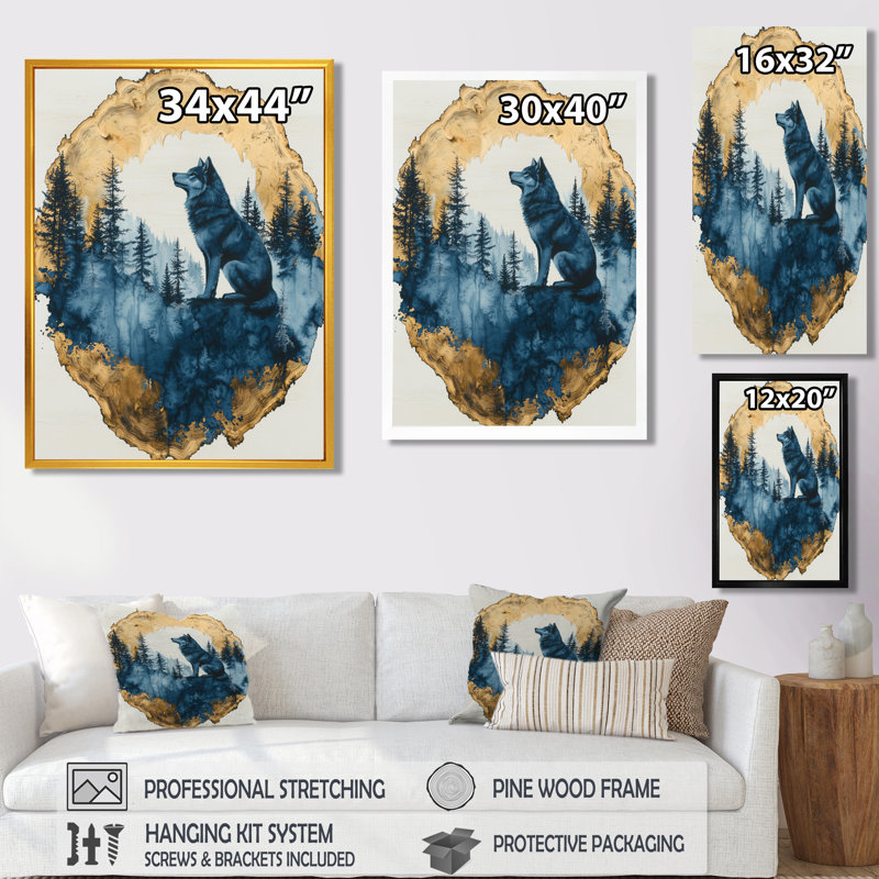 Gradys, loup doré dans un paysage de forêt bleue II - loup, impression d'art mural, Noir, H 20 po x l 12 po