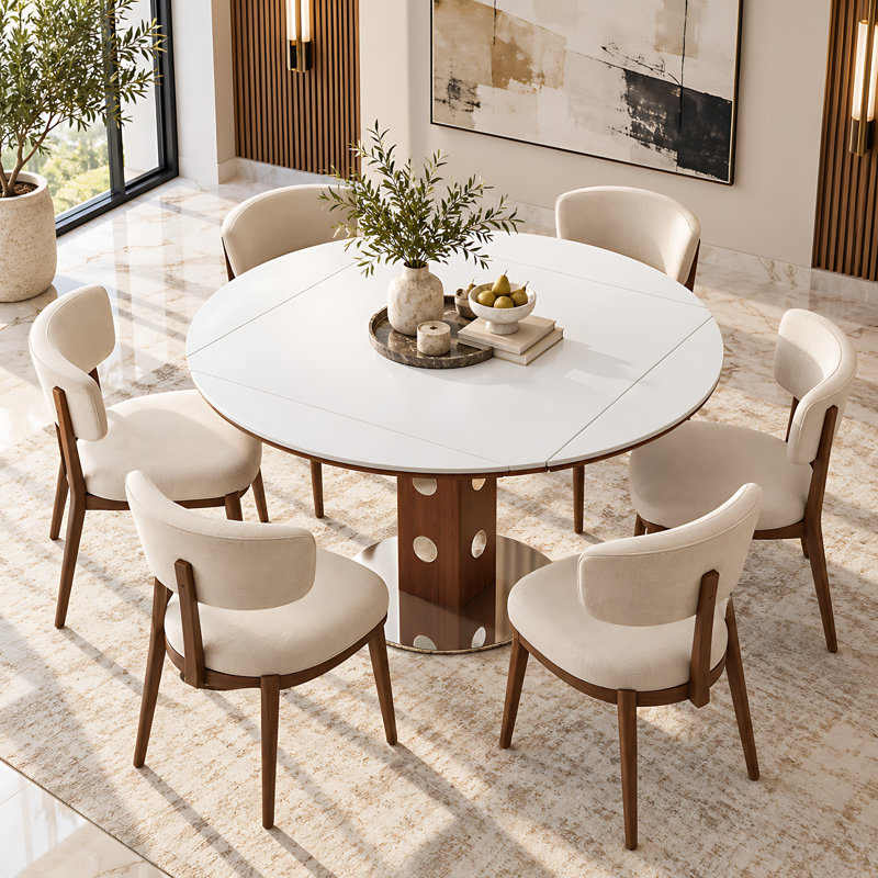 Sintered Stone Drop-Leaf Dining Table with Pedestal Base