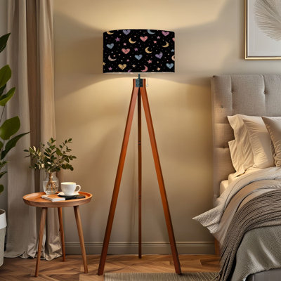  Tripod Standing Lamp Whimsical Pastel Hearts Stars Moons Black Remote Controlled Dimmable LED Floor Lamp with Beech Wood Legs & Detachable Linen Shade for Farmhouse Apartment Living Room and Bedroom