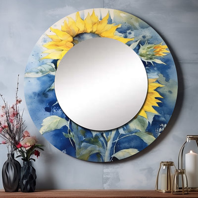 Jaune jaune tournesol doré - miroir mural floral, miroir décoratif rond jaune, impression d'art en métal