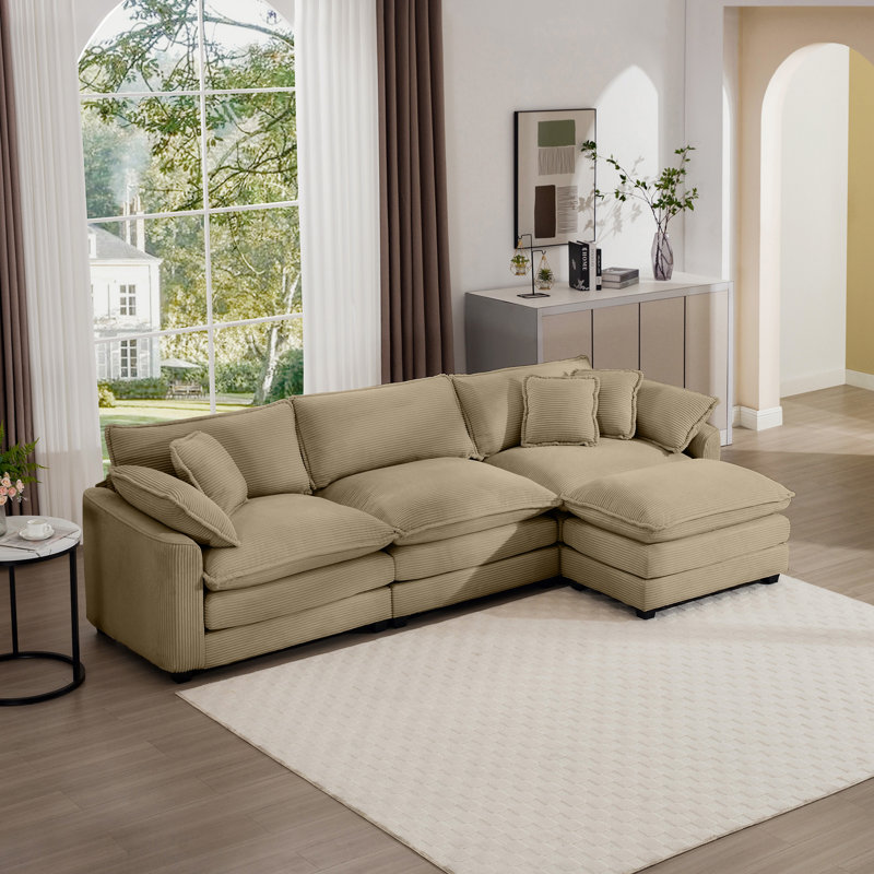 Canapé en velours côtelé avec 1 repose-pieds, H 33,85 po x l 114,56 po x P 57,08 po, Velours côtelé brun clair