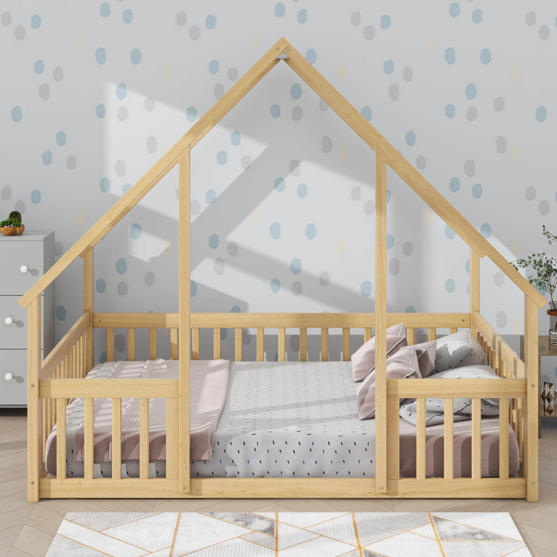 Full-Sized Wooden House-Designed Low Bed With Enclosure, White