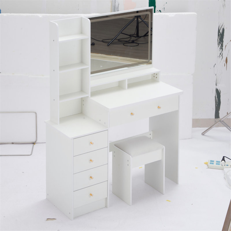 41 Inch Large Left Bedside Cabinet Vanity Table with Cushioned Stool, Extra Large Touch Control LED Mirror, 3-Color Switch, Multi Layer High Capacity Storage, Fashionable Dresser for Spacious Rooms