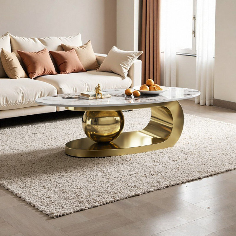 Table basse 49,2 po ovale en faux marbre avec base en acier inoxydable et support central à billes - Centre de table de luxe moderne (assemblage minimal)