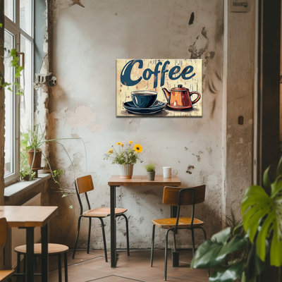 Grande rétro art mural en toile de café rétro, vaisselle de cuisine, impressions sur toile, tasse bleue, théière orange, affiche d'art, impression d'art mural rustique pour la salle à manger, décoration murale prête à être suspendue, 24 po x 32 po