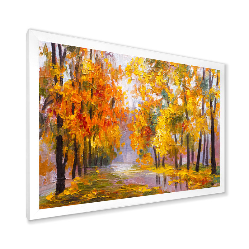 Forêt remplie de feuilles tombées en automne - impression sur toile de paysages, H 12 po x l 20 po x p 1 po, Cadre blanc