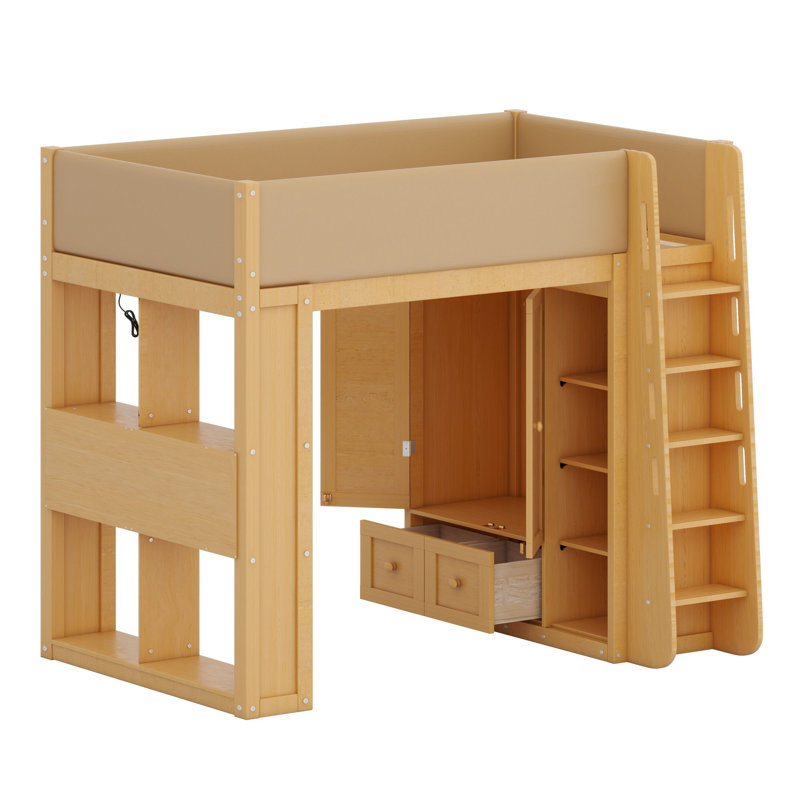Lit mezzanine avec armoire intégrée, tiroirs et éclairage d'ambiance pour un montage facile, Lit double, Bois