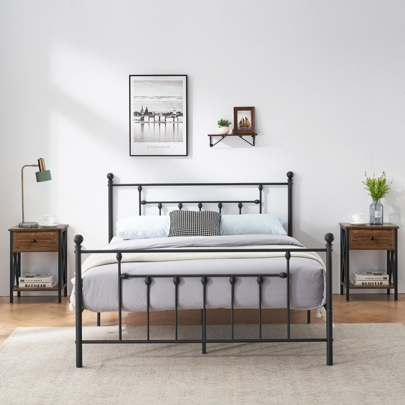 Kempst 3 Piece Bedroom Set, Queen Size Platform Bed Frame and Set of 2 Brown Nightstands, Modern Metal Twin Size Bedroom Furniture Set, Heavy Duty Slat Support, Under Bed Storage, No Box Spring Needed, Noise Free (Set of 3)