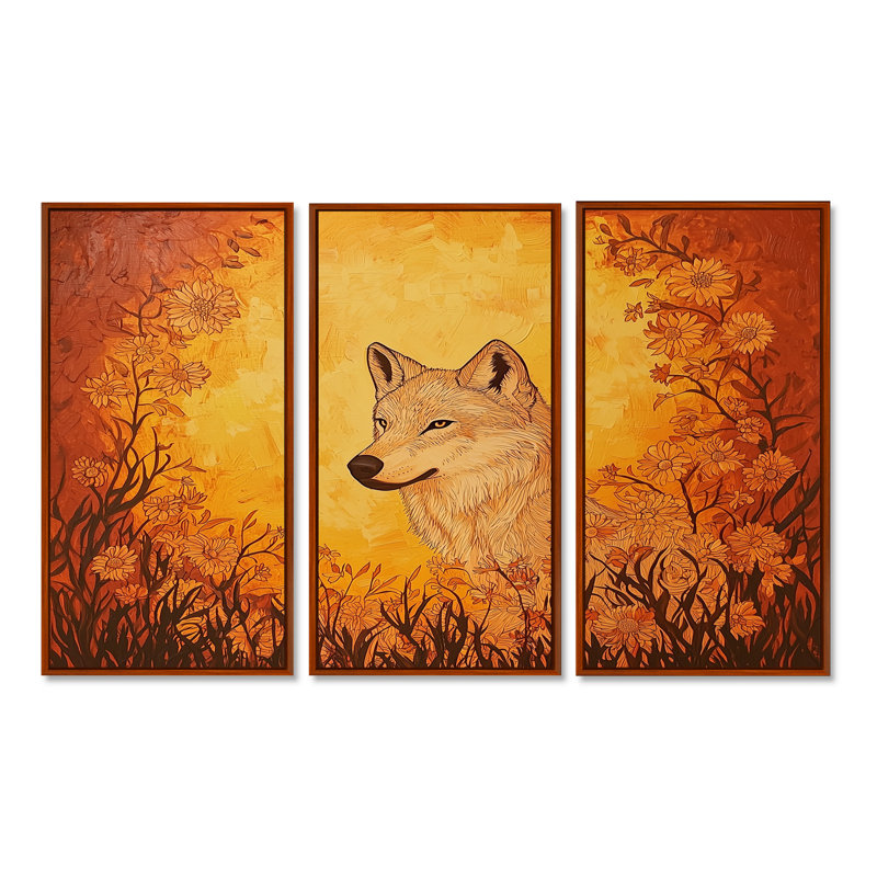 Blooming Wolf At Sunset I - Ensemble de décoration murale loup, Brown, Reproduction avec cadre flottant, 28" H x 36" W