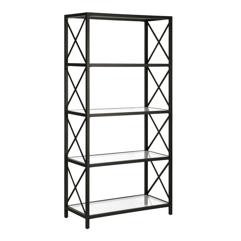 Celine 66"H 4-Tier Metal Glass Wide Rectangular Bookcase in Blackened Bronze, Blackened Bronze