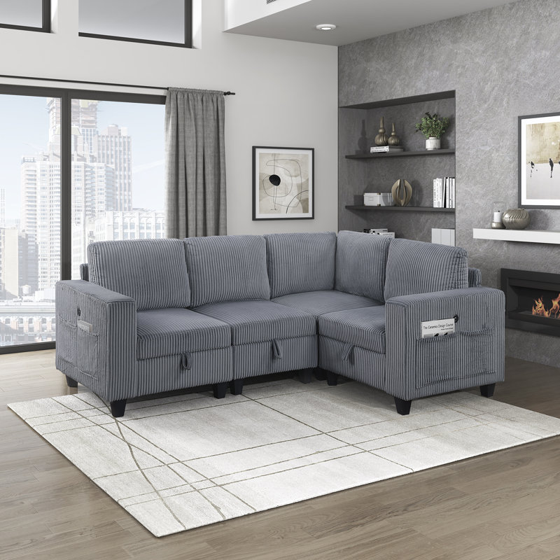 Canapé modulaire moderne et contemporain de 89 po 4 pièces Skrzypek - Canapé modulaire en velours côtelé, port USB fonctionnel et pochettes de rangement, rangement caché intégré sous le siège