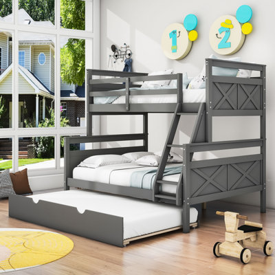 Twin Over Full Wood Bunk Bed With Trundle And Ladder -  YUNMA, YUNM16I796AMEDO-Gray