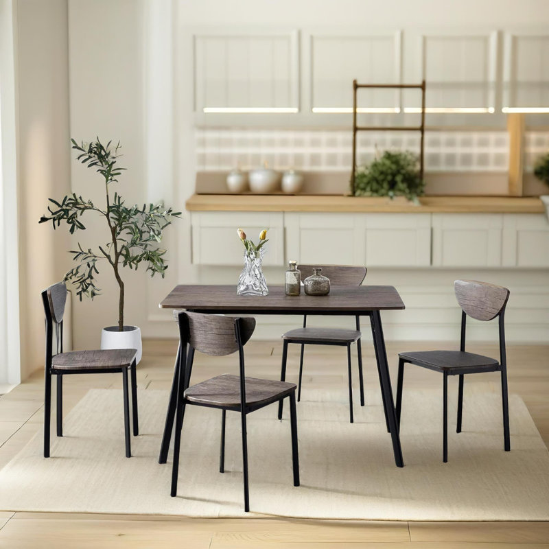 Nitesh - Rustic Brown 4 Person Dining Set - Kitchen Table and Chairs, Metal Frame