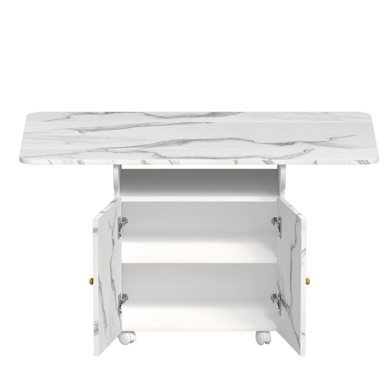 47" Wood Folding Dining Table With Storage Rack And Cabinet, Removable Entryway Table With 6 Wheels, White Marble Color Kitchen Island, Side Table And Coffee Table Versatile Table Space Saving