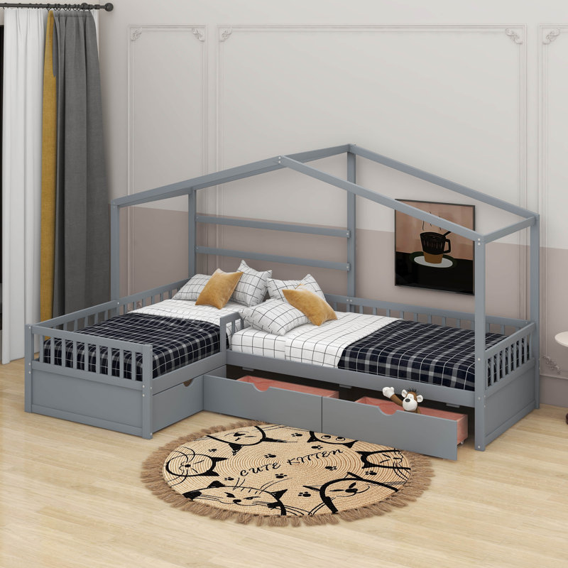 Lit plateforme simple avec tiroirs, Gris