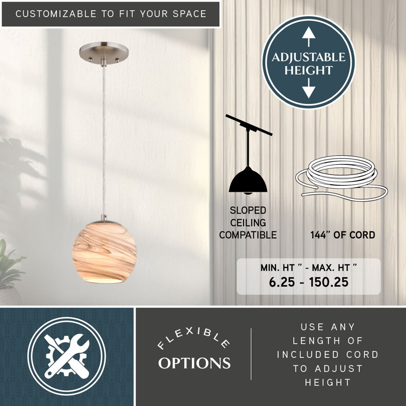 Luminaire suspendu simple à 1 lumière Milano, Nickel satiné