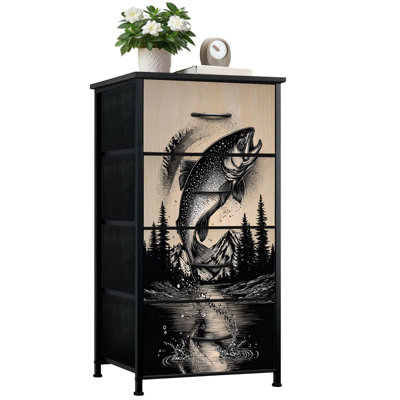 Commode pour la chambre à coucher avec 4 tiroirs de rangement Truite sauteuse poisson montagne paysage reflets noir blanc Commode Commode en acier avec cadre en tissu